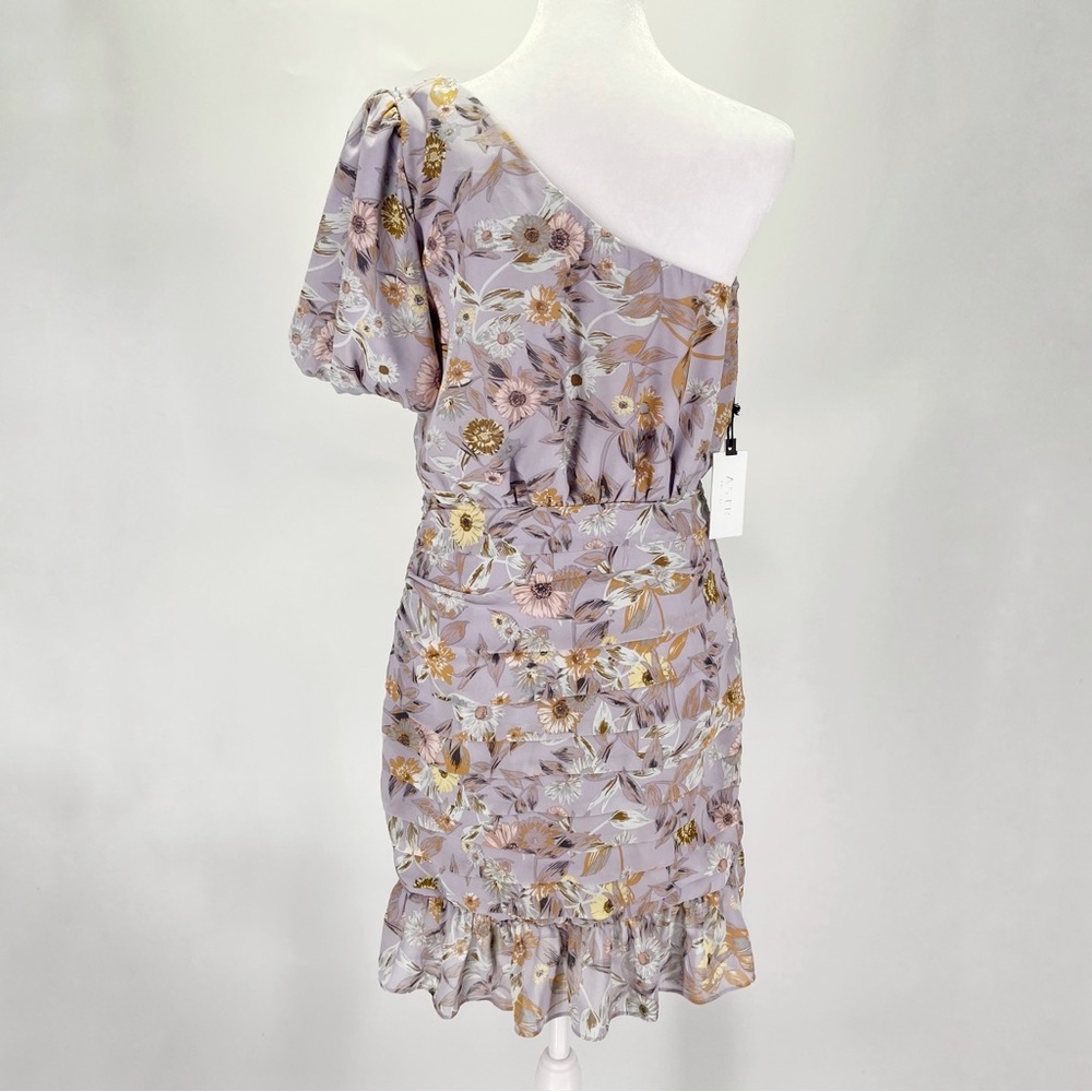 ASTR One Sleeve Tulip Floral Print Mini Dress Ruched Ruffle Periwinkle - Picture 8 of 11